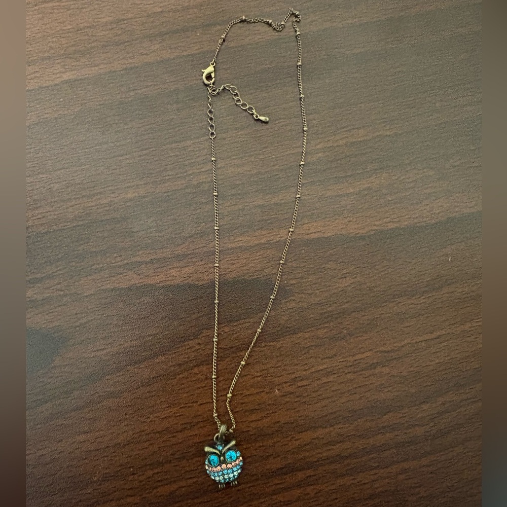 Owl Pendant Necklace with Blue and Bronze Accents